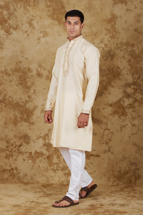Veshbhoshaa Bluesaanchi Chandery Silk Light Khaki Embroidered Kurta Set