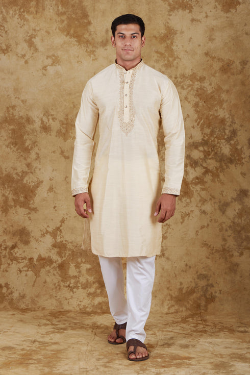 Veshbhoshaa Bluesaanchi Chandery Silk Light Khaki Embroidered Kurta Set