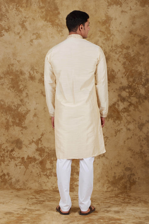 Veshbhoshaa Bluesaanchi Chandery Silk Light Khaki Embroidered Kurta Set