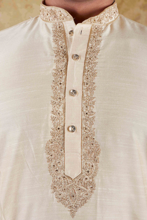 Veshbhoshaa Bluesaanchi Chandery Silk Light Khaki Embroidered Kurta Set