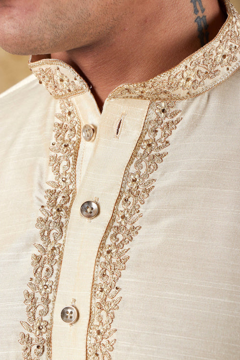 Veshbhoshaa Bluesaanchi Chandery Silk Light Khaki Embroidered Kurta Set