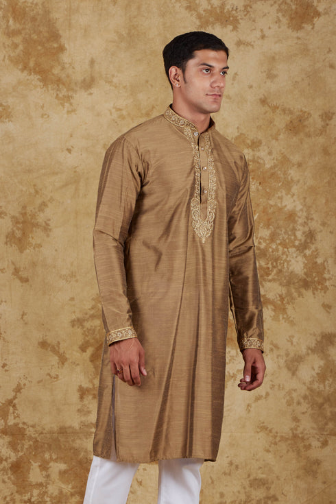 Veshbhoshaa Bluesaanchi Sunshine: Handwoven Embroidered Kurta Set Raw Umber