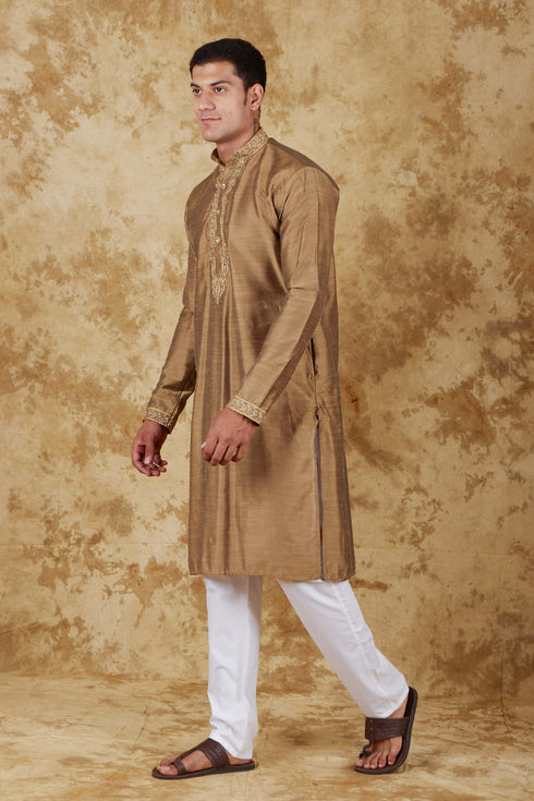 Veshbhoshaa Bluesaanchi Sunshine: Handwoven Embroidered Kurta Set Raw Umber