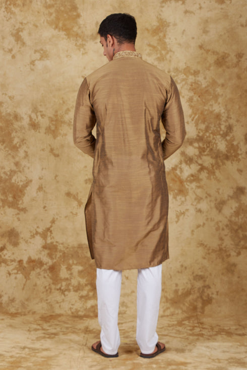 Veshbhoshaa Bluesaanchi Sunshine: Handwoven Embroidered Kurta Set Raw Umber