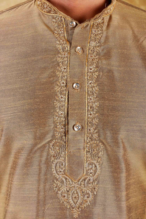 Veshbhoshaa Bluesaanchi Sunshine: Handwoven Embroidered Kurta Set Raw Umber