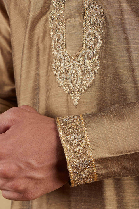 Veshbhoshaa Bluesaanchi Sunshine: Handwoven Embroidered Kurta Set Raw Umber