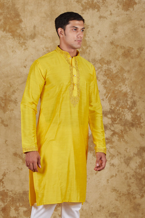 Veshbhoshaa Bluesaanchi Sunshine: Handwoven Embroidered Kurta Set Maize Yellow
