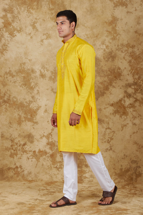 Veshbhoshaa Bluesaanchi Sunshine: Handwoven Embroidered Kurta Set Maize Yellow