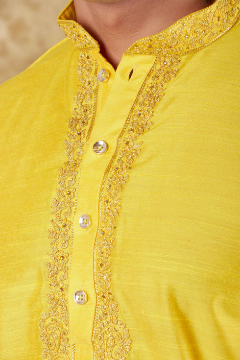 Veshbhoshaa Bluesaanchi Sunshine: Handwoven Embroidered Kurta Set Maize Yellow