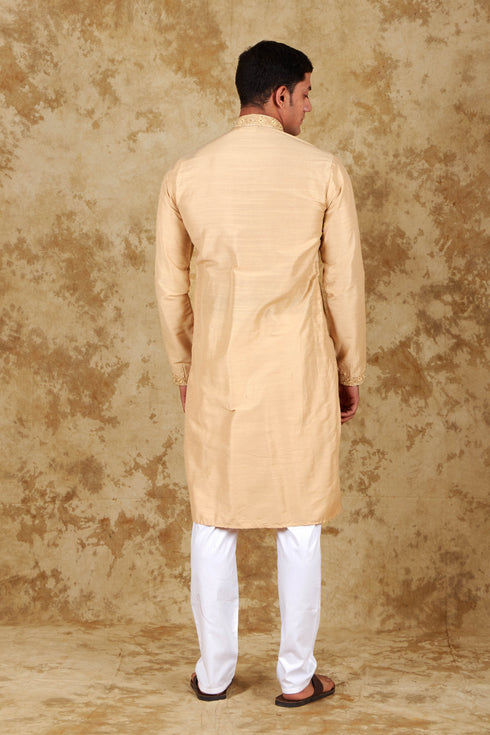 Veshbhoshaa Bluesaanchi Chandery Silk Khaki Embroidered Kurta Set