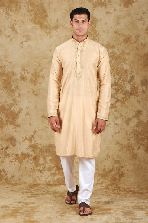 Veshbhoshaa Bluesaanchi Chandery Silk Khaki Embroidered Kurta Set