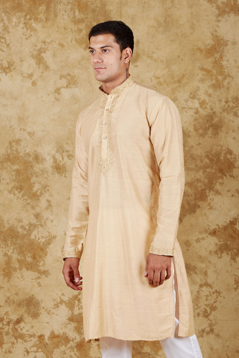 Veshbhoshaa Bluesaanchi Chandery Silk Khaki Embroidered Kurta Set
