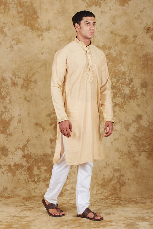 Veshbhoshaa Bluesaanchi Chandery Silk Khaki Embroidered Kurta Set