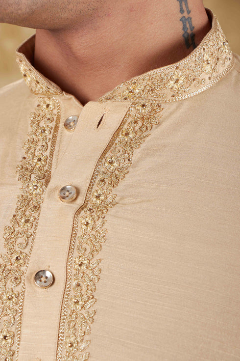 Veshbhoshaa Bluesaanchi Chandery Silk Khaki Embroidered Kurta Set