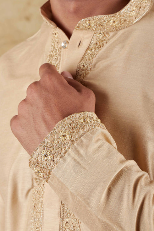 Veshbhoshaa Bluesaanchi Chandery Silk Khaki Embroidered Kurta Set