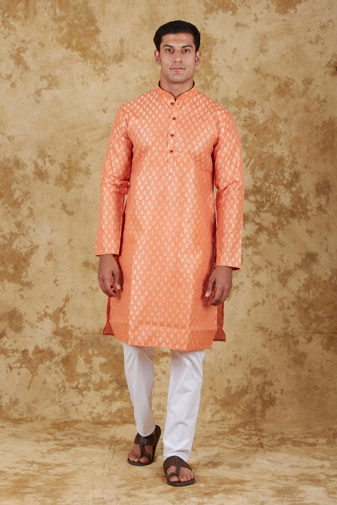 Veshbhoshaa Bluesaanchi Banarsi Silk Coral Kurta Set