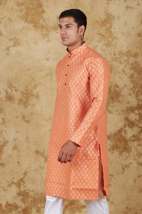 Veshbhoshaa Bluesaanchi Banarsi Silk Coral Kurta Set