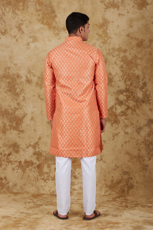 Veshbhoshaa Bluesaanchi Banarsi Silk Coral Kurta Set