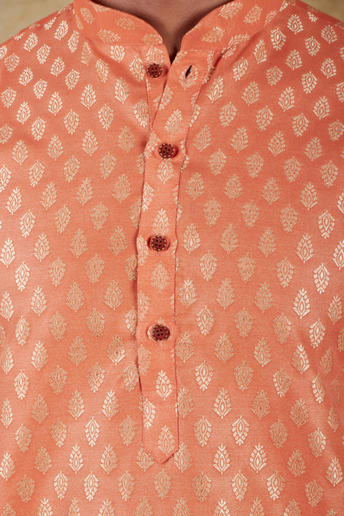 Veshbhoshaa Bluesaanchi Banarsi Silk Coral Kurta Set