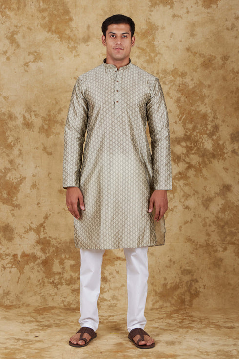 Veshbhoshaa Bluesaanchi Banarsi Silk Silver Kurta Set