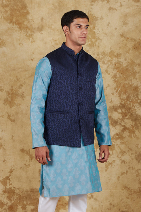 Veshbhoshaa Bluesaanchi Blue Jacquard Waistcoat Set