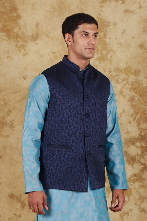 Veshbhoshaa Bluesaanchi Men'S Jacquard Blue Waistcoat