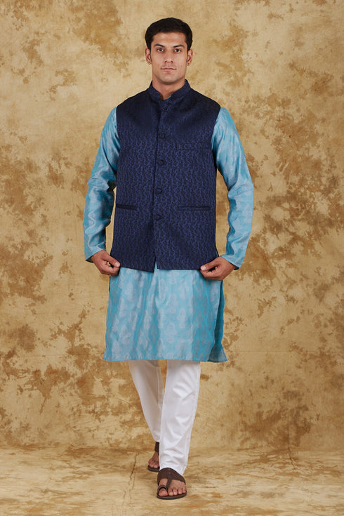 Veshbhoshaa Bluesaanchi Blue Jacquard Waistcoat Set