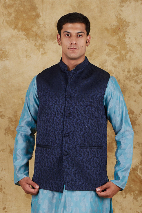 Veshbhoshaa Bluesaanchi Men'S Jacquard Blue Waistcoat