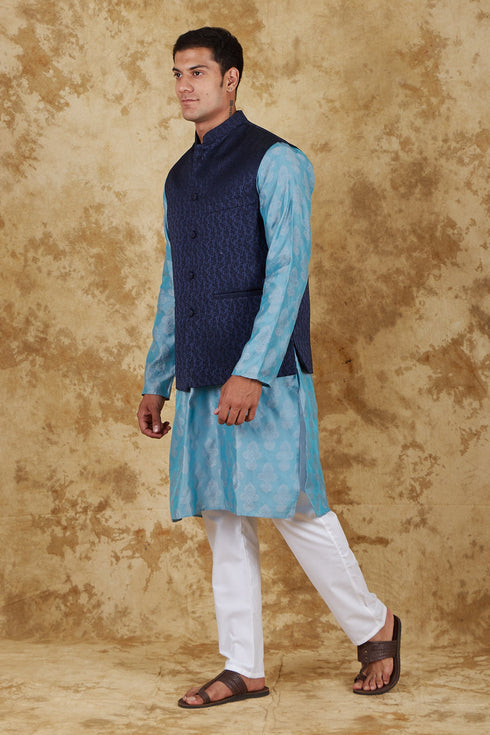 Veshbhoshaa Bluesaanchi Blue Jacquard Waistcoat Set
