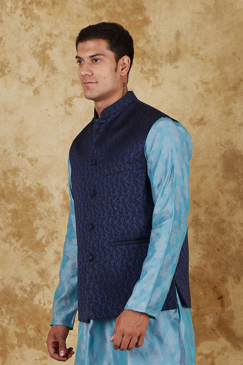 Veshbhoshaa Bluesaanchi Men'S Jacquard Blue Waistcoat