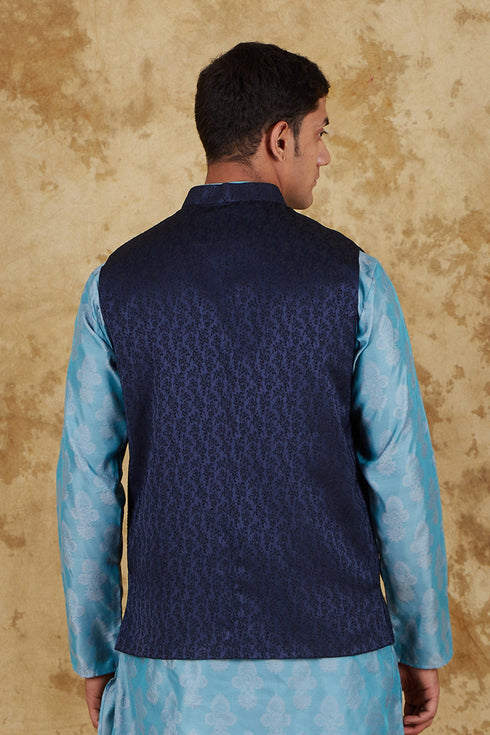Veshbhoshaa Bluesaanchi Men'S Jacquard Blue Waistcoat