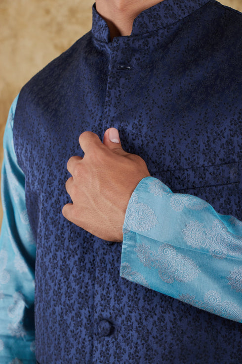 Veshbhoshaa Bluesaanchi Blue Jacquard Waistcoat Set