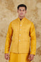 Veshbhoshaa Bluesaanchi Men'S Cotton Blend Yellow Mirror Embroidered Waistcoat