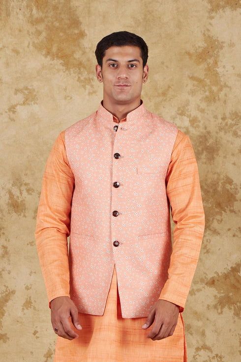 Veshbhoshaa Bluesaanchi Men'S Cotton Blend Orange Printed Waistcoat
