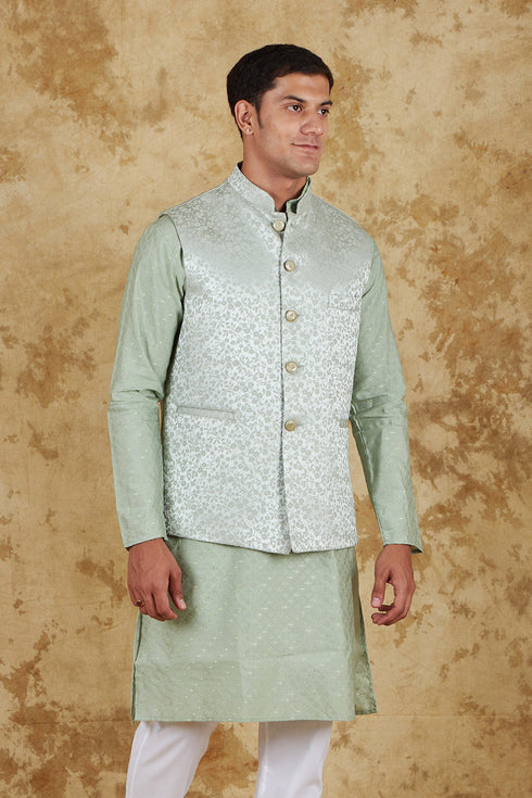 Veshbhoshaa Bluesaanchi Light Green Jacquard Waistcoat Set