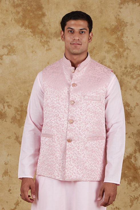 Veshbhoshaa Bluesaanchi Men'S Jacquard Pink Waistcoat