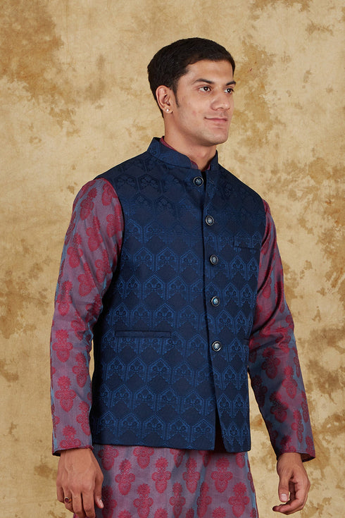 Veshbhoshaa Bluesaanchi Men'S Jacquard Blue Waistcoat