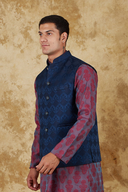Veshbhoshaa Bluesaanchi Men'S Jacquard Blue Waistcoat