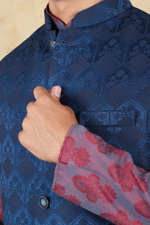 Veshbhoshaa Bluesaanchi Men'S Jacquard Blue Waistcoat