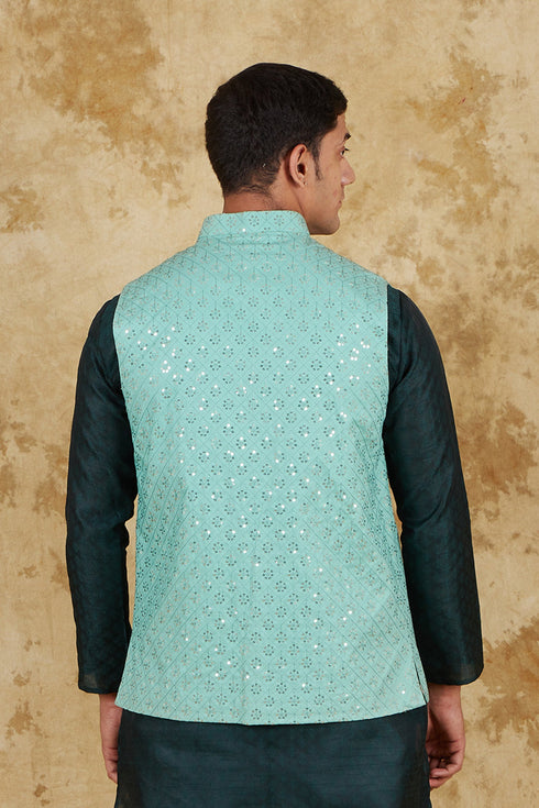 Veshbhoshaa Bluesaanchi Men'S Jacquard Mint Green Sequence Waistcoat