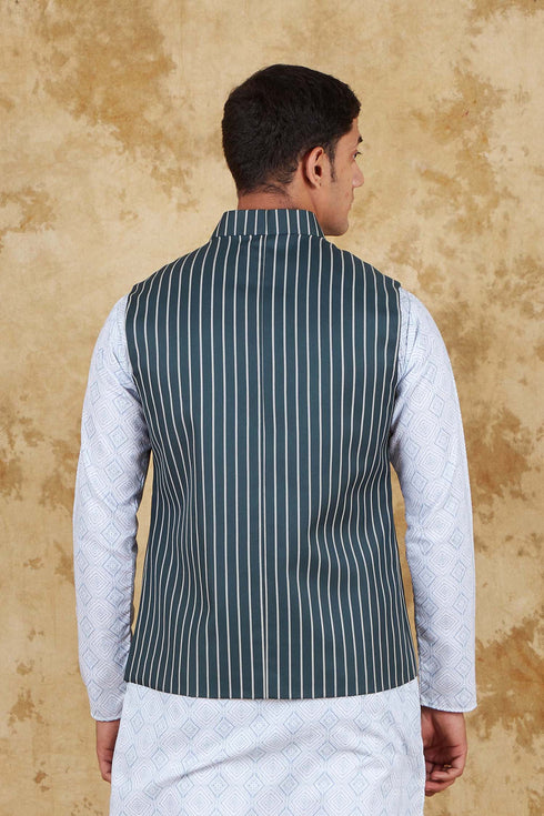 Veshbhoshaa Bluesaanchi Men'S Cotton Blend Green Striped Waistcoat