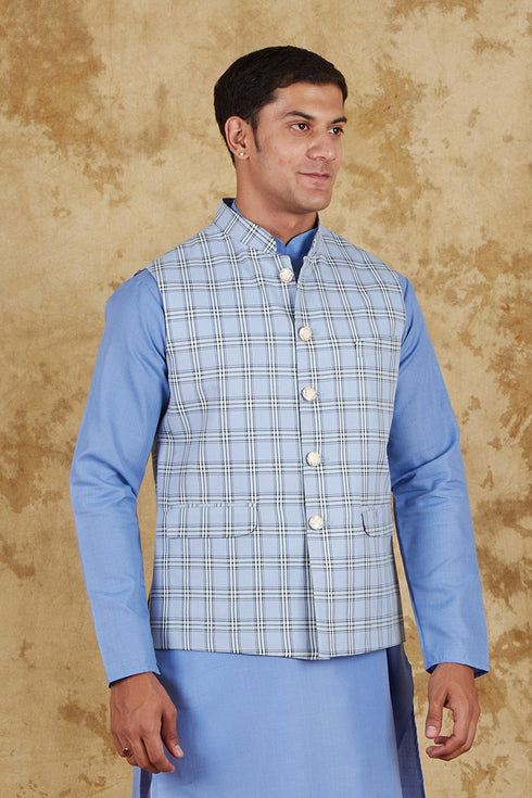 Veshbhoshaa Bluesaanchi Men'S Cotton Blend Blue All Over Check Waistcoat