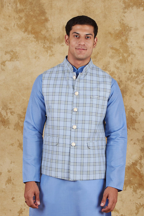 Veshbhoshaa Bluesaanchi Men'S Cotton Blend Blue All Over Check Waistcoat