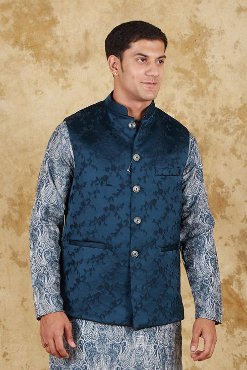 Veshbhoshaa Bluesaanchi Men'S Jacquard Blue Waistcoat