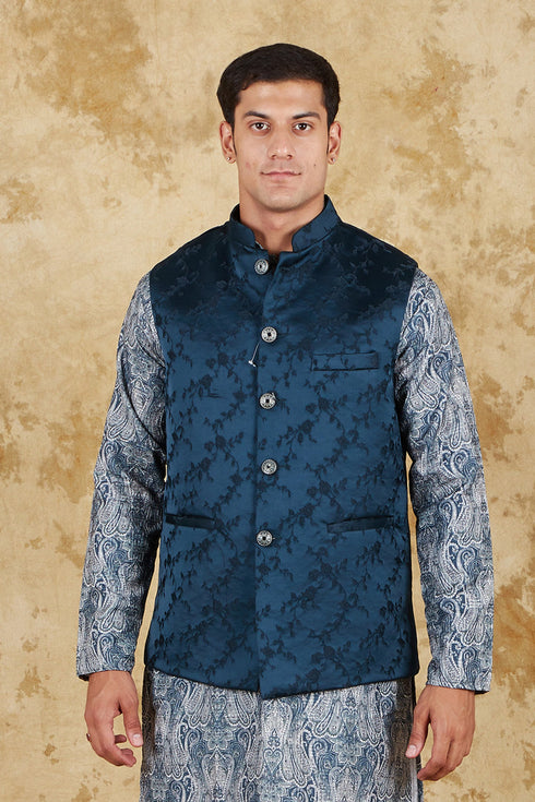 Veshbhoshaa Bluesaanchi Men'S Jacquard Blue Waistcoat