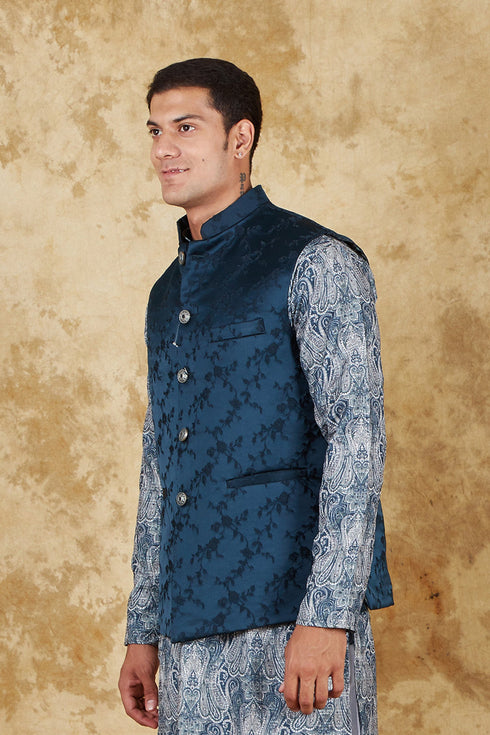 Veshbhoshaa Bluesaanchi Men'S Jacquard Blue Waistcoat