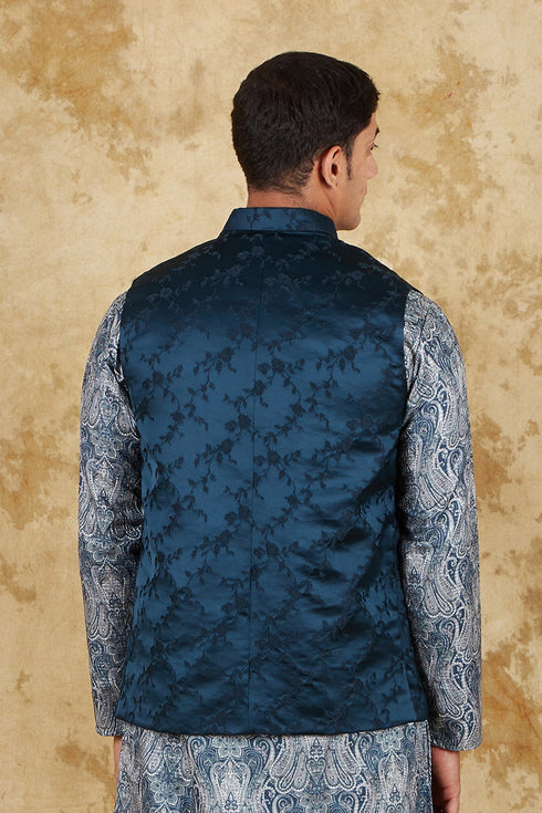 Veshbhoshaa Bluesaanchi Men'S Jacquard Blue Waistcoat