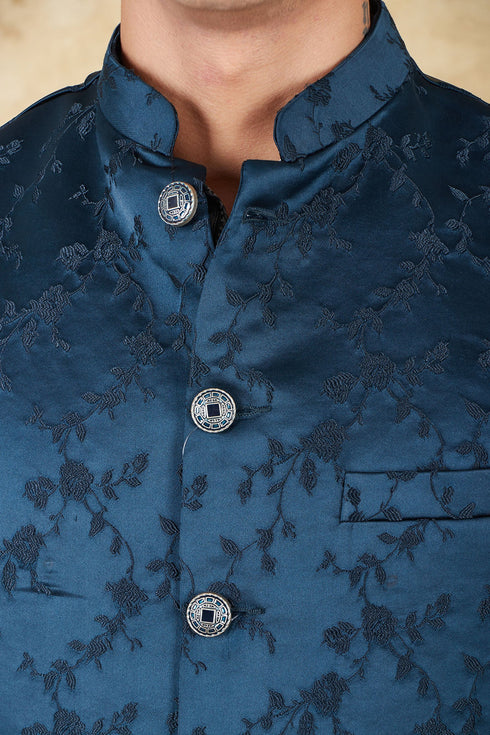 Veshbhoshaa Bluesaanchi Men'S Jacquard Blue Waistcoat