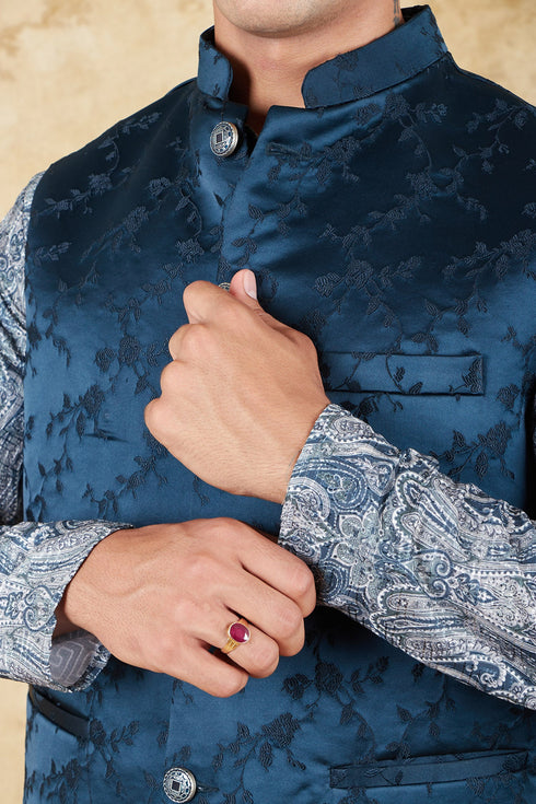 Veshbhoshaa Bluesaanchi Men'S Jacquard Blue Waistcoat