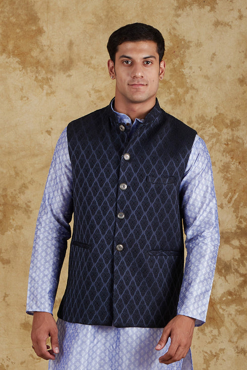 Veshbhoshaa Bluesaanchi Men'S Jacquard Blue Waistcoat